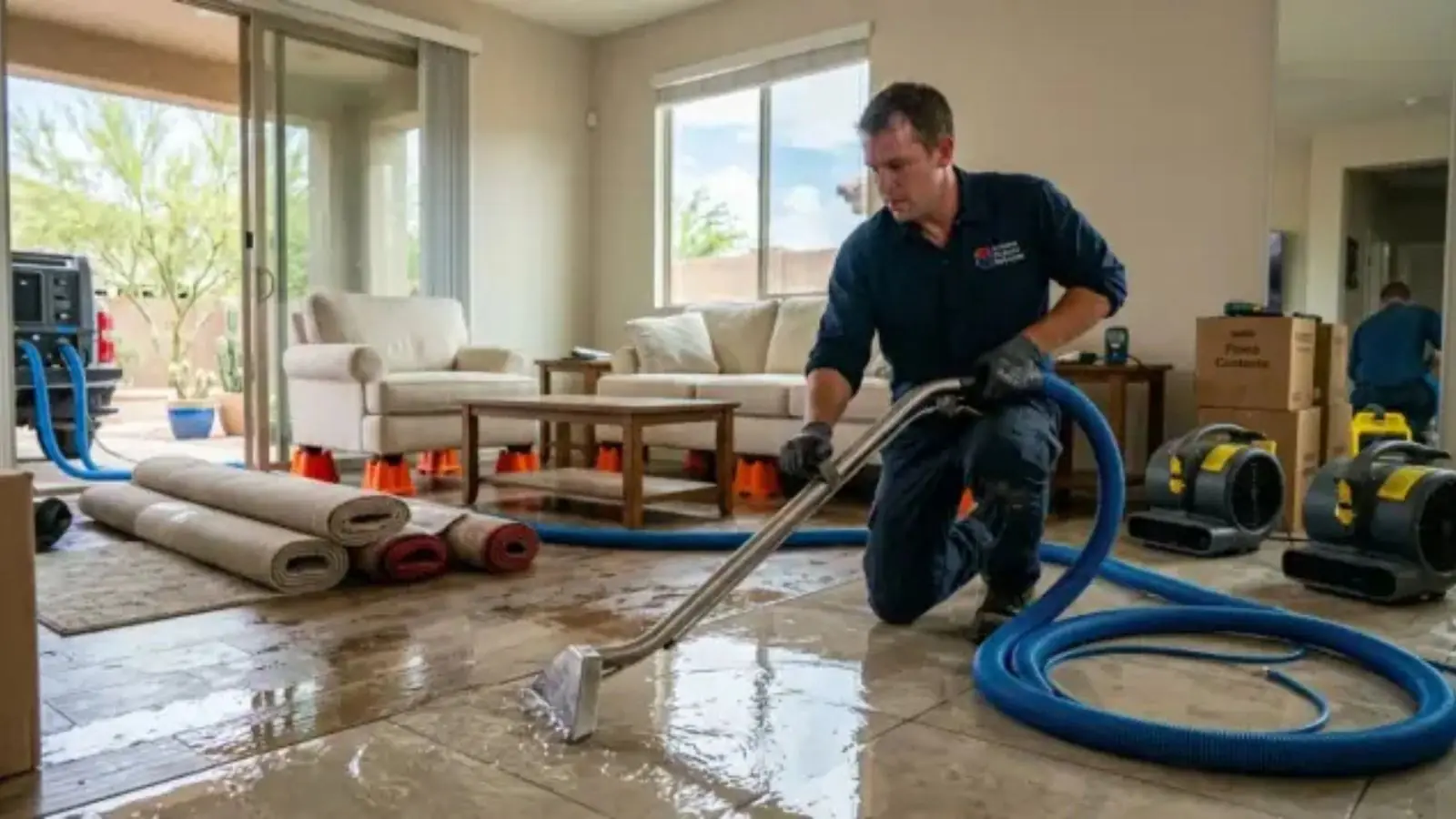 Technician in a navy uniform using a water extraction wand on a wet living room floor with air movers and rolled-up carpet nearby